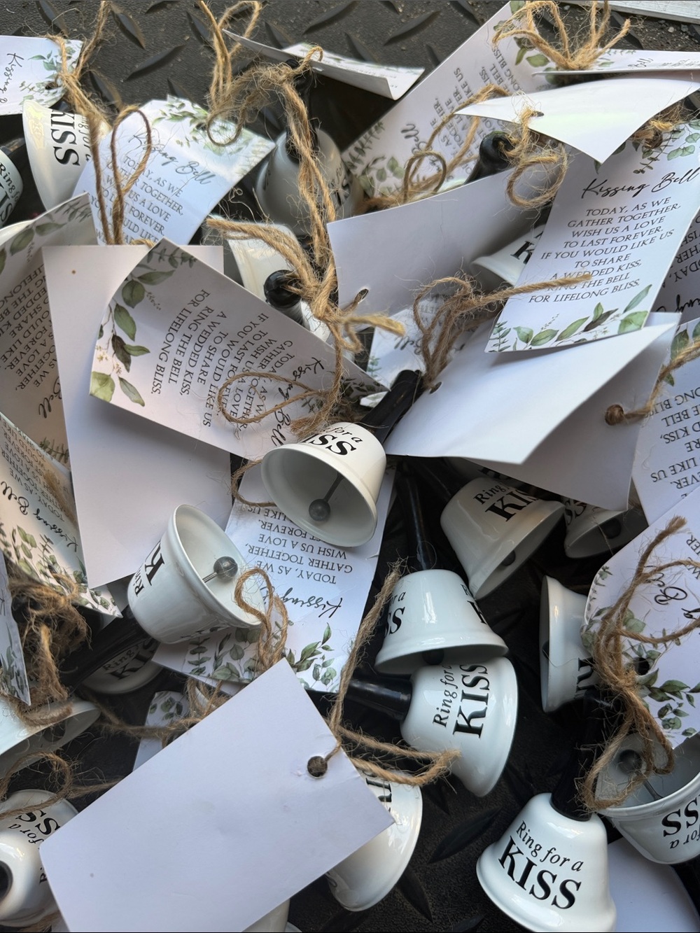 Wedding "Ring for a Kiss" White Ceramic Bells with Jute Tags